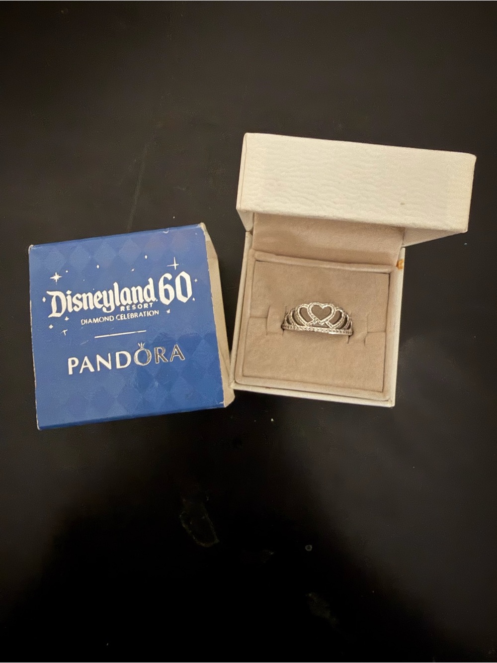 Disneyland 60th Anniversary Pandora Silver Tiara Ring with Blue Pandora Box